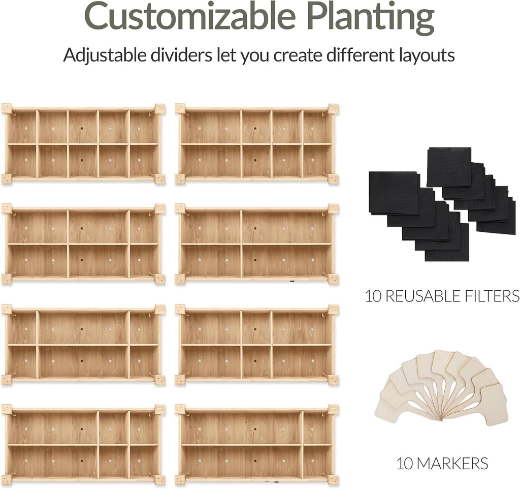 Raised Herb Garden Bed Planter Box - Elevated Wooden Planter with 10 Grid Growing Compartments, Drainage Holes
