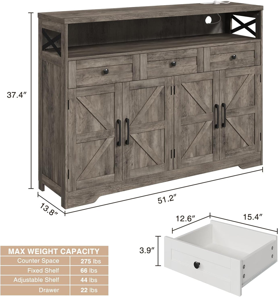 51" Farmhouse Buffet Sideboard with Storage, Kitchen Pantry Cabinet | with Storage Drawers, Wood Cupboard Hutch