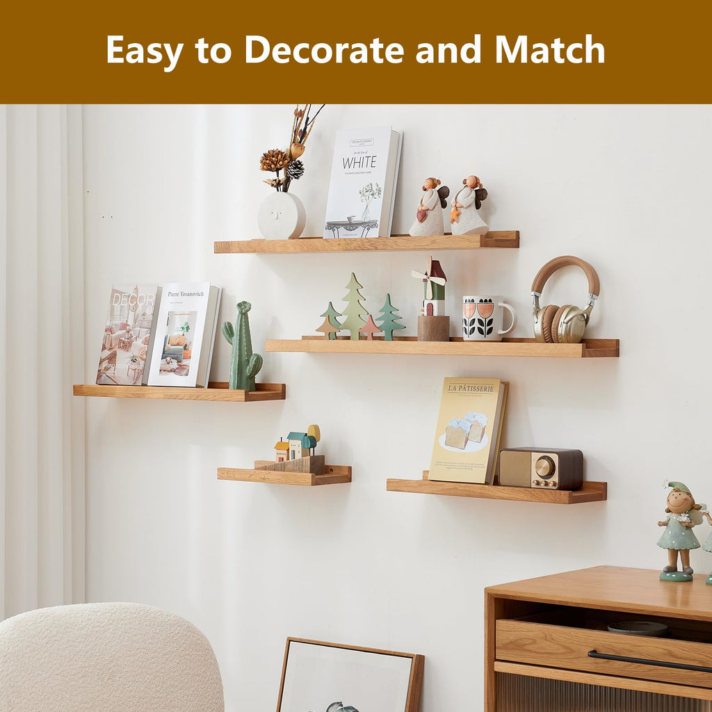 Oak Floating Shelves for Wall 12 Inch (Width 4"), Natural Wood Wall Shelves Display Picture Ledge Shelf Bedroom