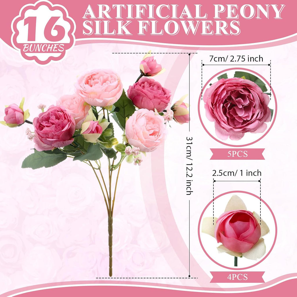 Bundles Artificial Peonies Silk Peonies Flower,Rose Red, Pink - Set of 16