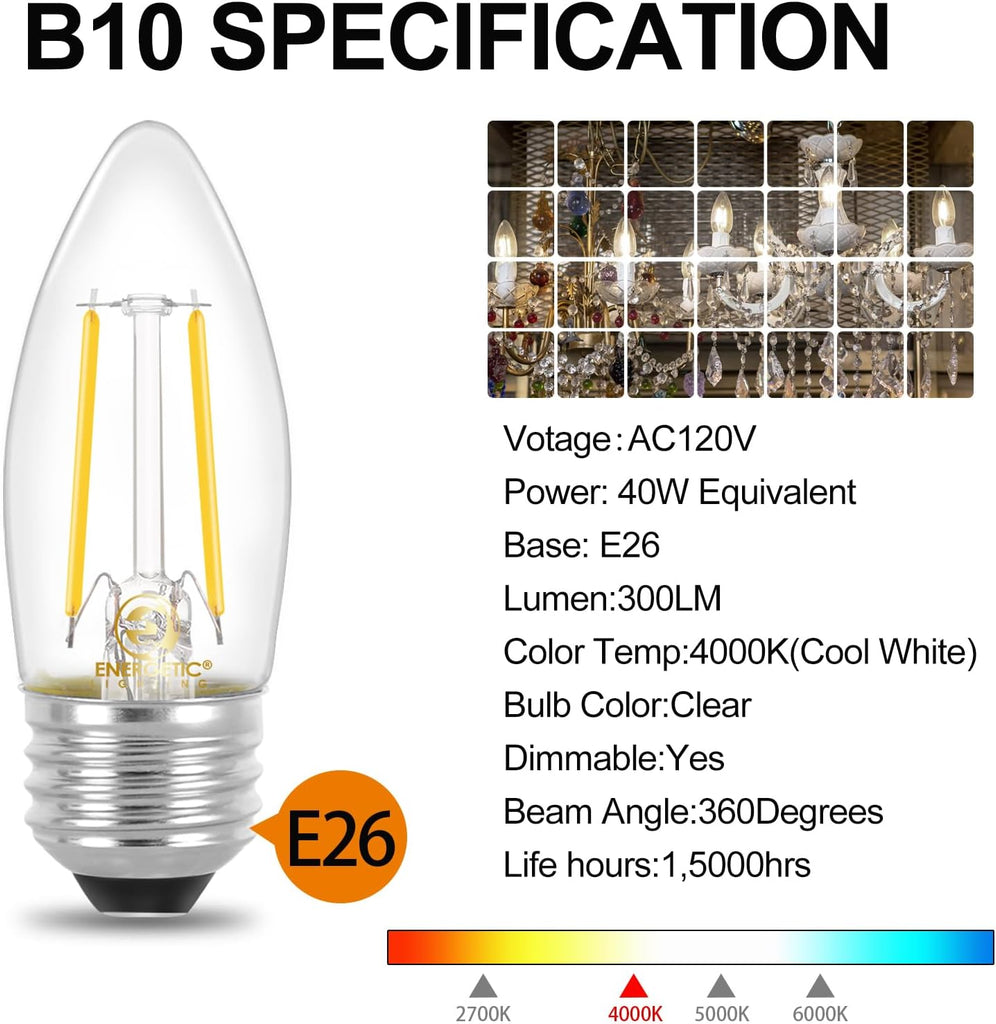 Energetic B10 B11 LED Filament Bulb E26 Candelabra Medium Base 4000K Cool White, 4W(40W Equivalent) 300 Lumens