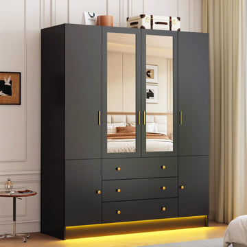 75" Tall Wardrobe Closet with 4 Doors & 3 Drawers, Modern Armoire with Mirror & LED Lights, Wooden Armoire Wardrobe