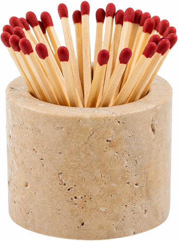 Travertine Stone Match Holder with Striker - 2.5" Decorative Matchstick Organizer for Fireplace, Candles, Parlor Cute