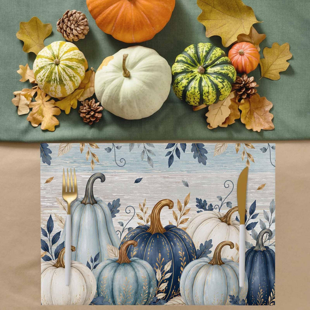 Fall Thanksgiving Placemats, Teal Blue White Pumpkin Heat Resistant Washable Dining Table Mats Fall Holiday Farmhouse