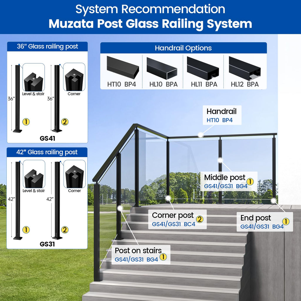 [Patent] 36" Black Glass Railing Post for Level and Stairs GS41 BG4