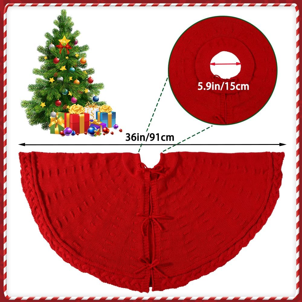 36 Inches Christmas Knitted Tree Skirt Decorations Xmas Large Red Chunky Cable Farmhouse Thick Rustic Tree Skirt