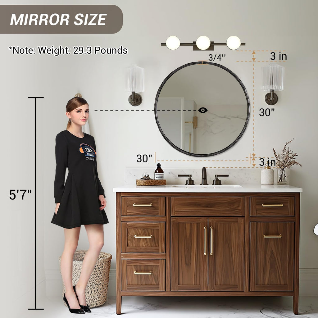 Hand-Forged Black Round Mirror for Wall, 30 Inch Solid Steel Metal Frame Circle Mirror, Antique Rounded Hammered