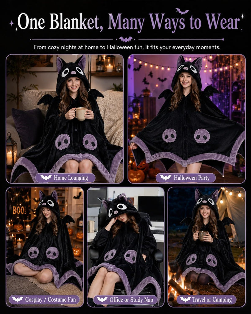 Halloween Cute Bat Wearable Blanket Hoodie Hooded Cape Costume Adult Unisex | Oversized Plush Thick Cloak with Demon