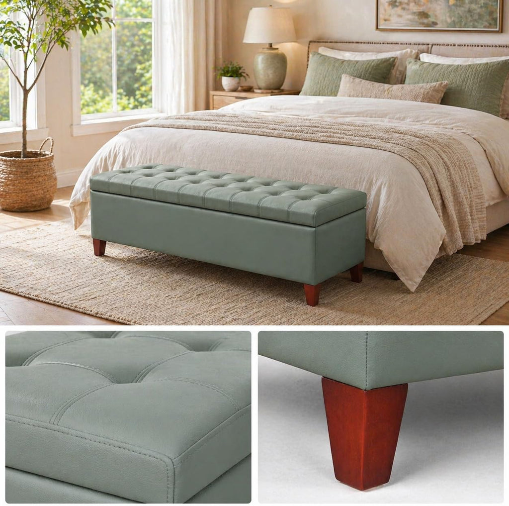 Ottoman with Storage, 51 Inch End of Bed Storage Bench, Faux Leather Upholstered Ottomans with Hinged Lid, Rectangle