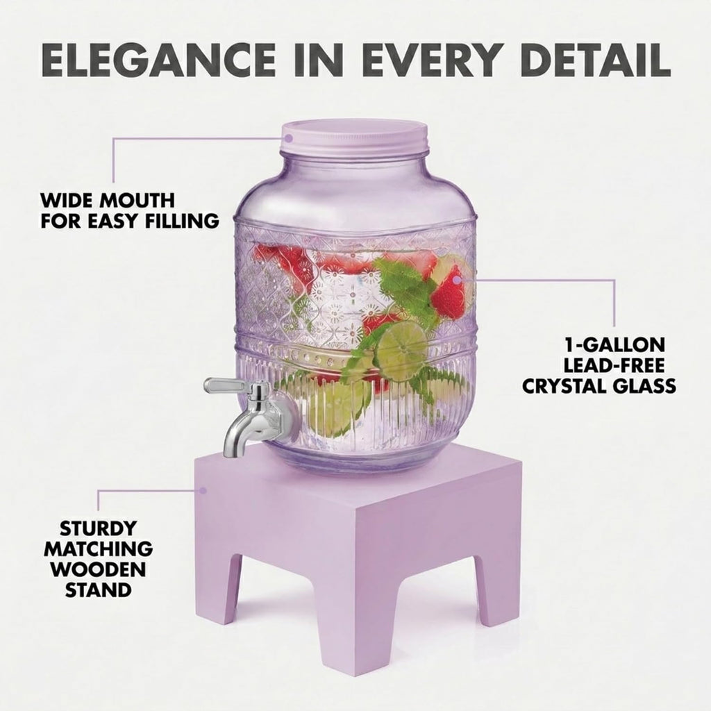 Beverage Dispenser 1 Gallon, Glass Drink Dispenser with Wooden Base Stand, Wide Mouth Jar for Lemonade, Iced Tea