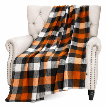 Fall Soft Fleece Throw Blanket, Orange Black White Plaid, 50x70 Oversized
