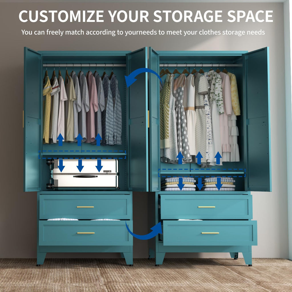 Steel Armoire Wardrobe Closet, 71" Metal Clothing Storage Cabinets with 2 Doors, 2 Drawers and 1 Adjustable Shelf