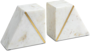 White Marble Bookends with Gold Brass, White, Set of 2 | Heavy Book Ends for Shelves, Solid Stone Bookshelf Decor