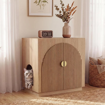 Large Litter Box Enclosure, Fluted Hidden Cat Litter Box Cabinet with Storage, Symmetrical Curved Accent Sideboard