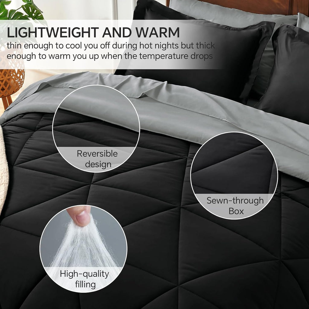 Comforter Set 7 Pieces, Reversible Black Bed in A Bag - Set of 7
