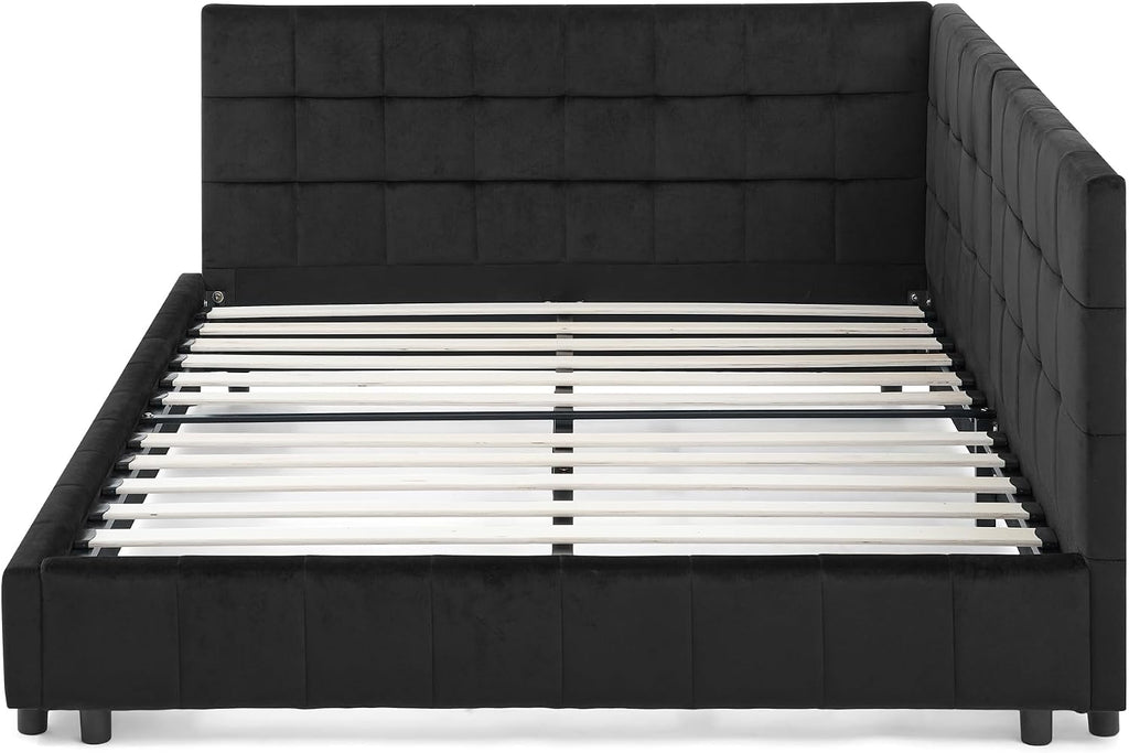 Queen Size Upholstered Corner Daybed, Modern L-Shaped Daybed with Tufted Backrest, Velvet Corner Bed Floor Bed Frame