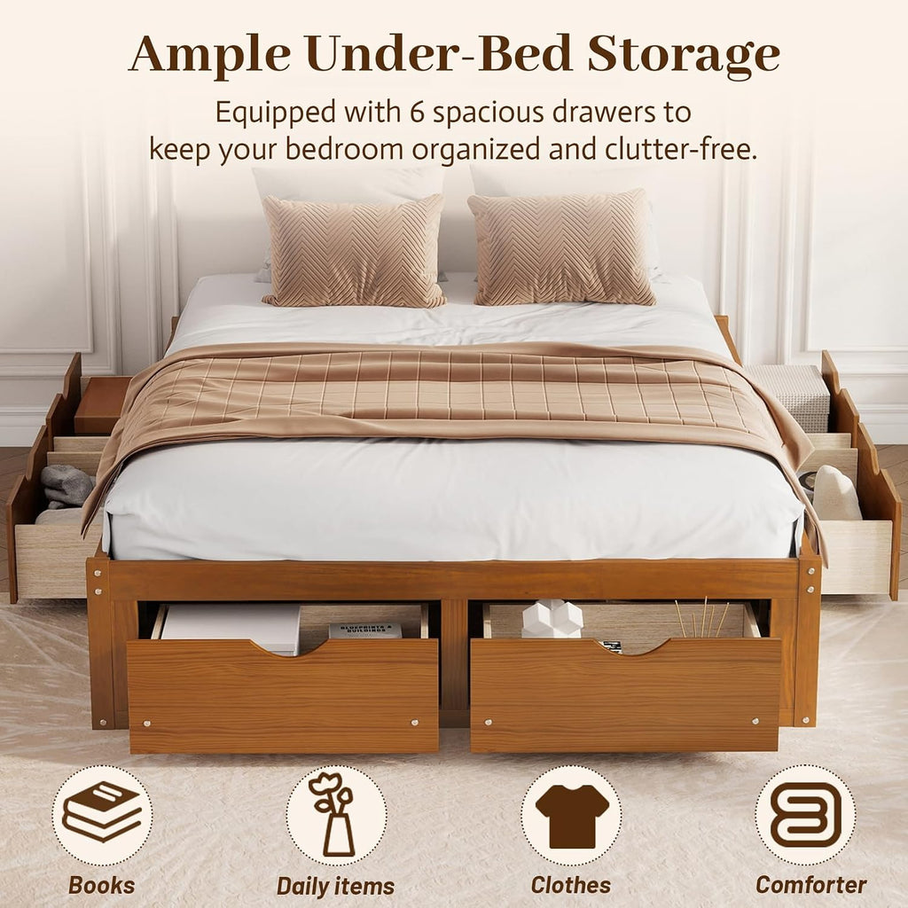 Japanese Platform Bed with 6 Storage Drawers, No Headboard (Walnut, Queen)