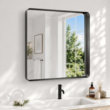 30x30 Inch Black Bathroom Mirror Metal Framed, HD Tempered Glass