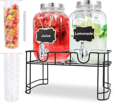 1 Gallon Glass Drink Dispensers For Parties-Set of 2, Drink Dispenser with Fruit Infuser & Stand,Juice or Beverage