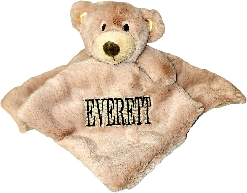 Custom Personalized Teddy Bear Lovie Lovey Security Blanket with Rattle (Brown Bear with Embroidery Name)
