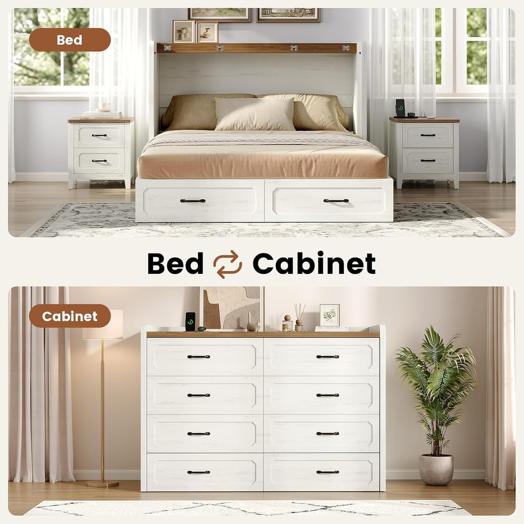 Queen Murphy Bed with 4" Trifold Mattress, Farmhouse Murphy Cabinet Bed with Storage Drawers, Charging Station &