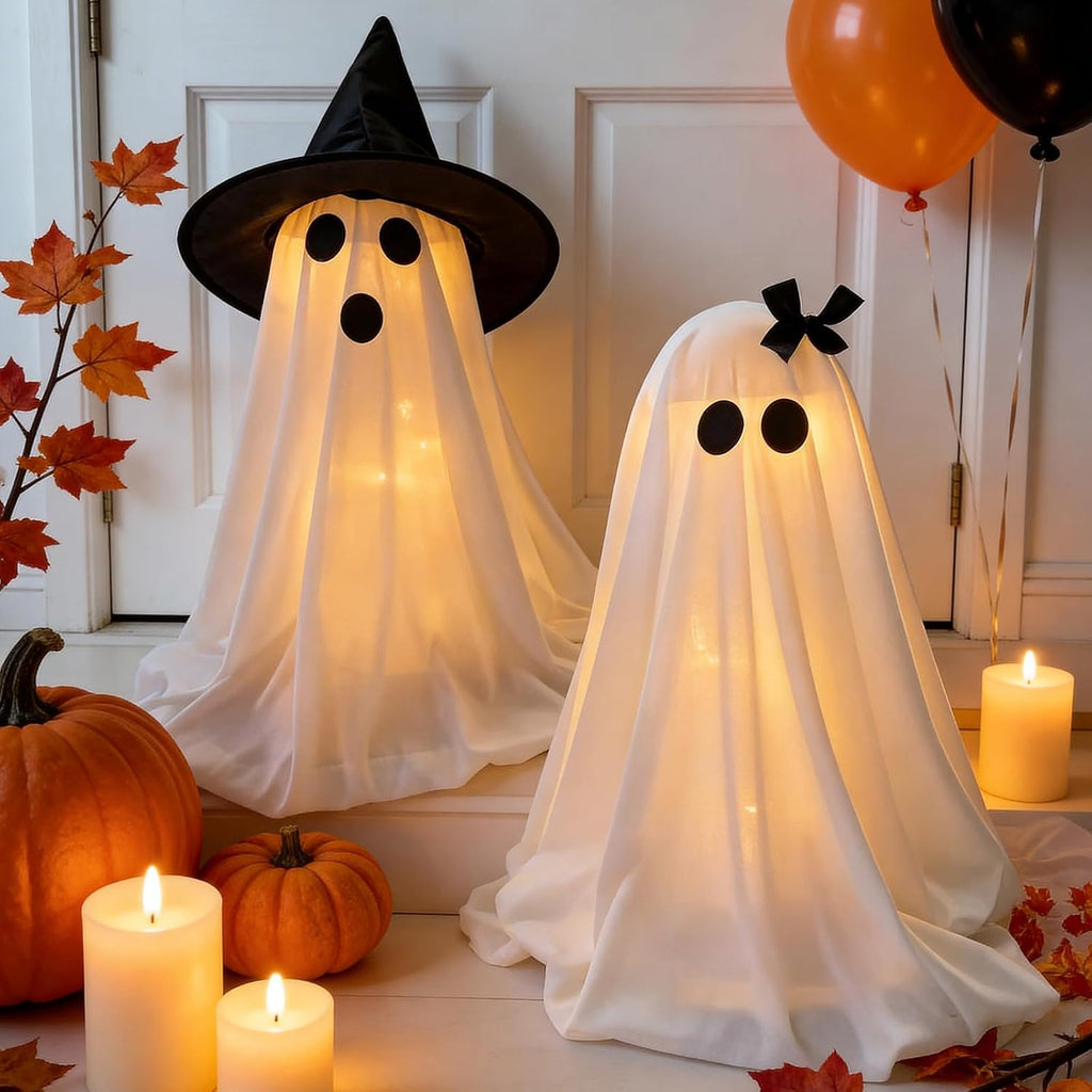 Halloween Decorations Light-Up Ghosts with Witch Hats, Indoor Ghost Decor - Set of 2