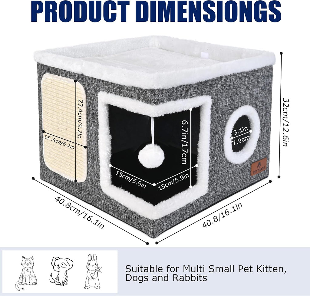 Cat Beds for Indoor Cats, Large Cat Cave Bed with Scratch Pad and Fluffy Ball, Foldable Cat Hideaway, Cat House