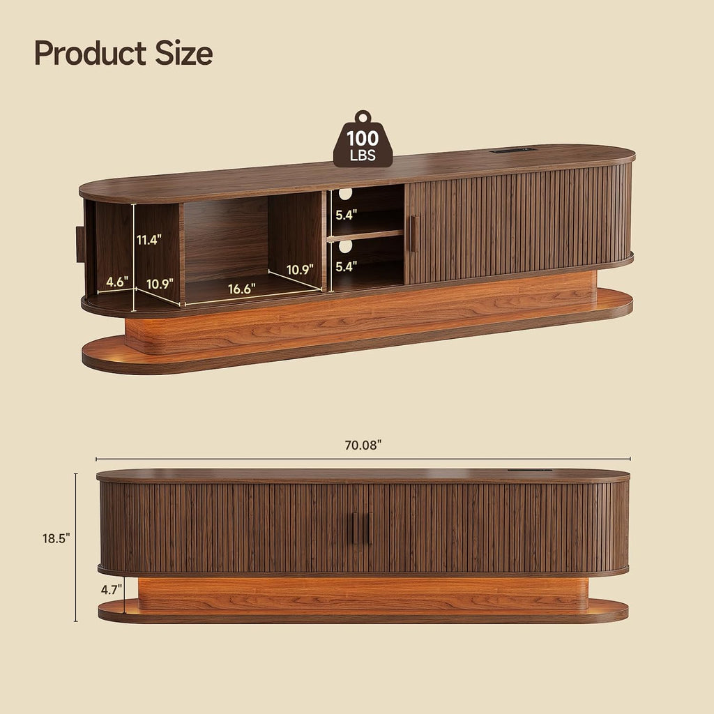 70" TV Stand up to 80 Inch, Entertainment Center with LED Lights and Storage, Mid Century Modern Fluted TV Console