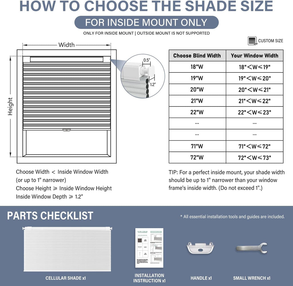 No Drill Cordless Blackout Cellular Shades, 18" W x 64" H, White