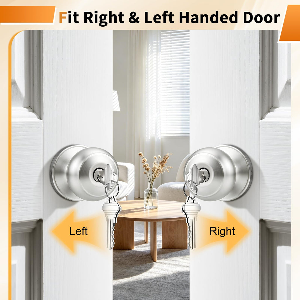 Keyed Alike Door Knobs with Lock and Key, Exterior Door Locks, Flat Ball Knob Style, Brushed Nickel, 5 Pack