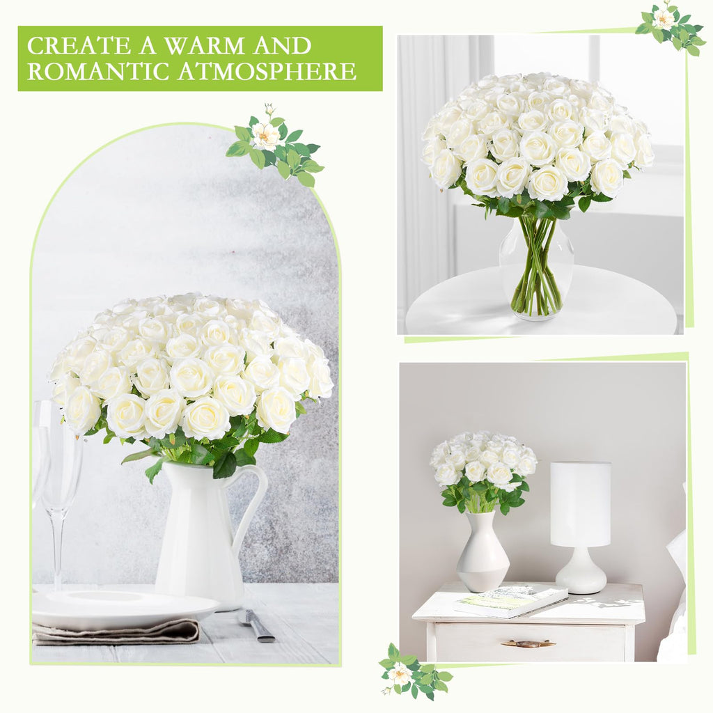 50 Pcs Artificial Roses, Realistic Silk Flowers Bulk, White