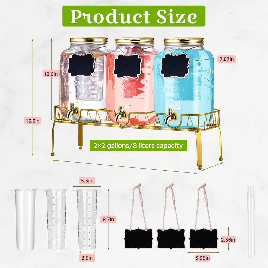 Gallon Glass Drink Dispenser with Stand and Lid Mason Jar Beverage Dispenser with Stainless Steel Spigot - Set of 3
