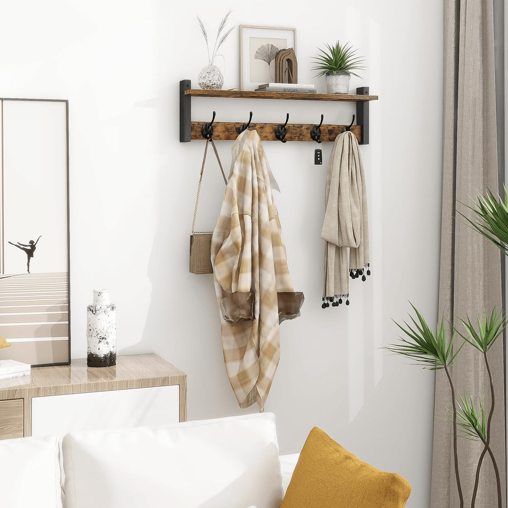 Coat Rack with Wall Mount, 24 Inch Long Entryway Wall Shelf with Hooks, Wood Hanger with Storage Shelf, Rustic Brown
