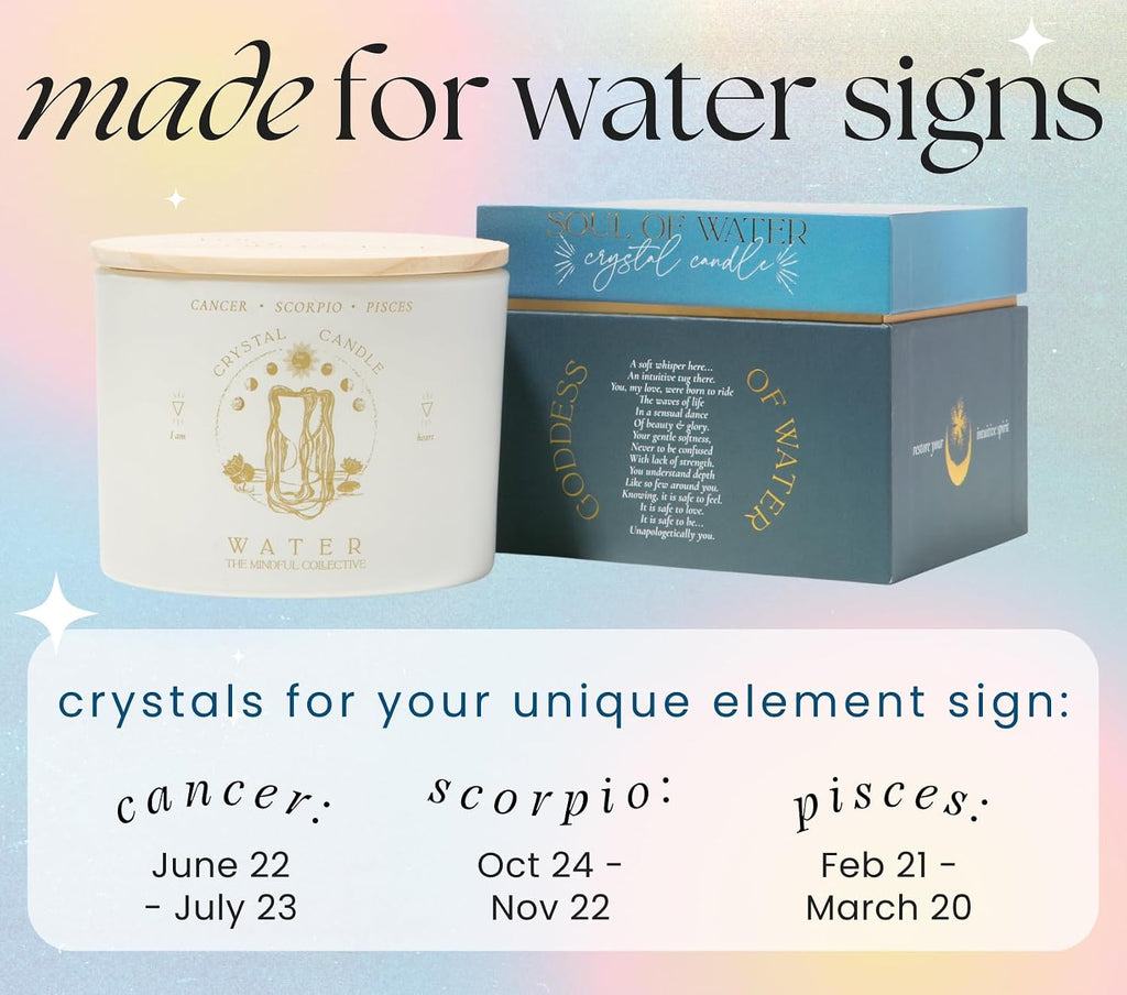Pisces, Cancer, Scorpio Gifts for Women, Wood Wick Crystal Soy Candle | Blue Calcite & Amazonite crystals