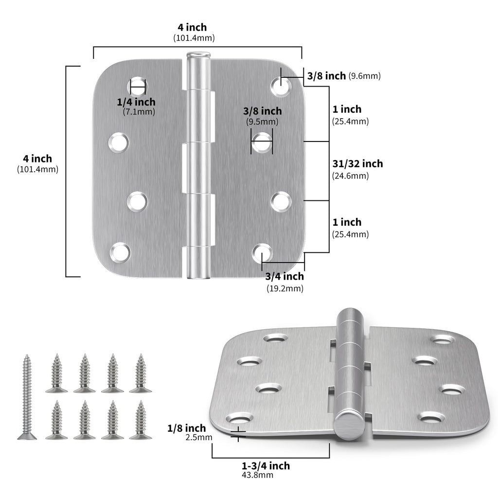 4 inch Brushed Nickel 12 Pack Door Hinges, 5/8" Radius Corners