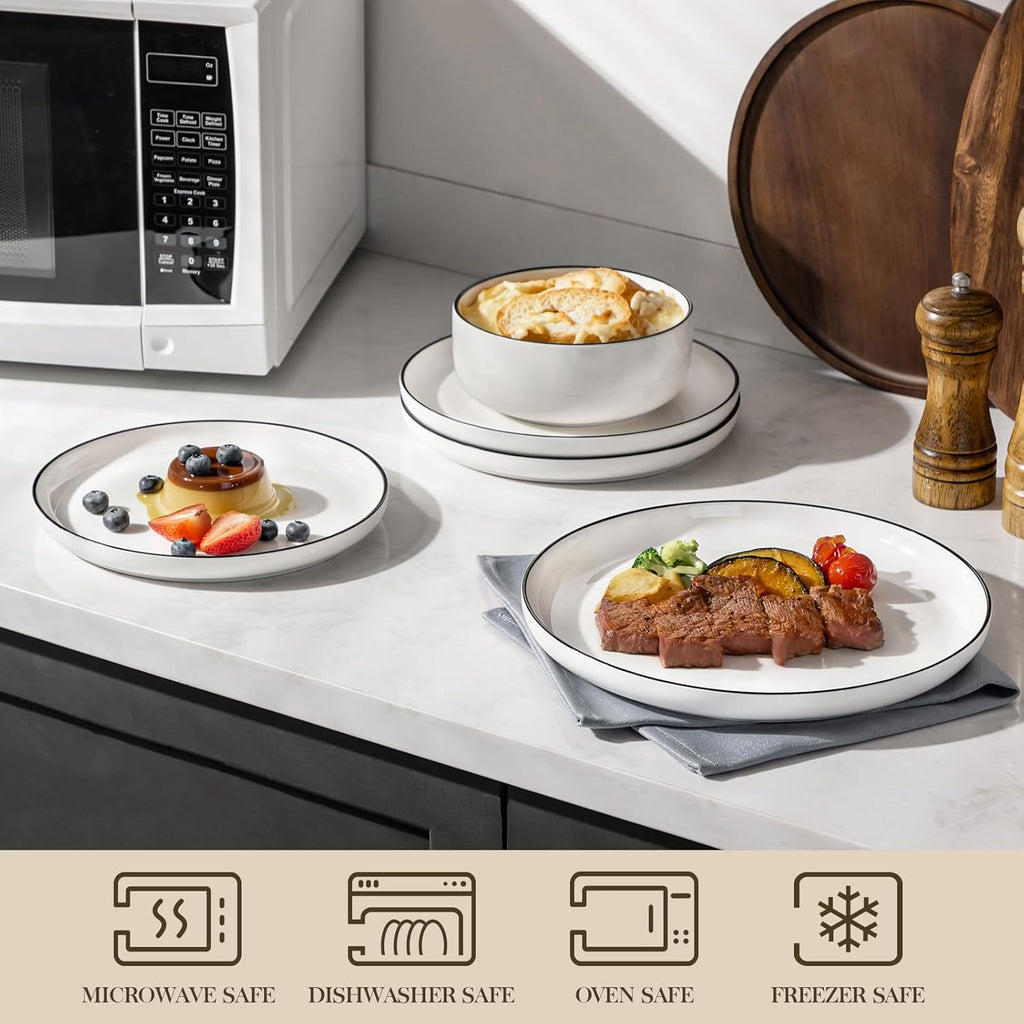 Plates and Bowls Sets, 24 Pieces Modern Porcelain Dinnerware Set for 8 White Kitchen Dinner Dining Ware Set wtih Black