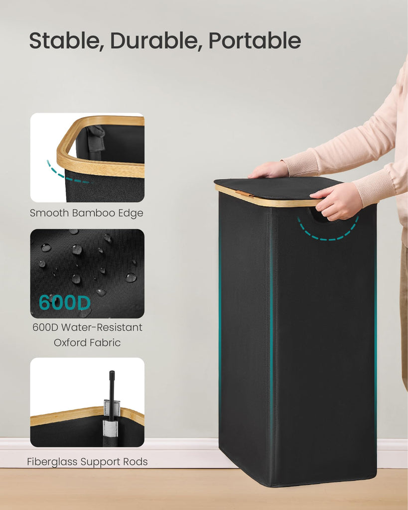 Laundry Hamper with Lid, 100L Laundry Basket, Bamboo Frame