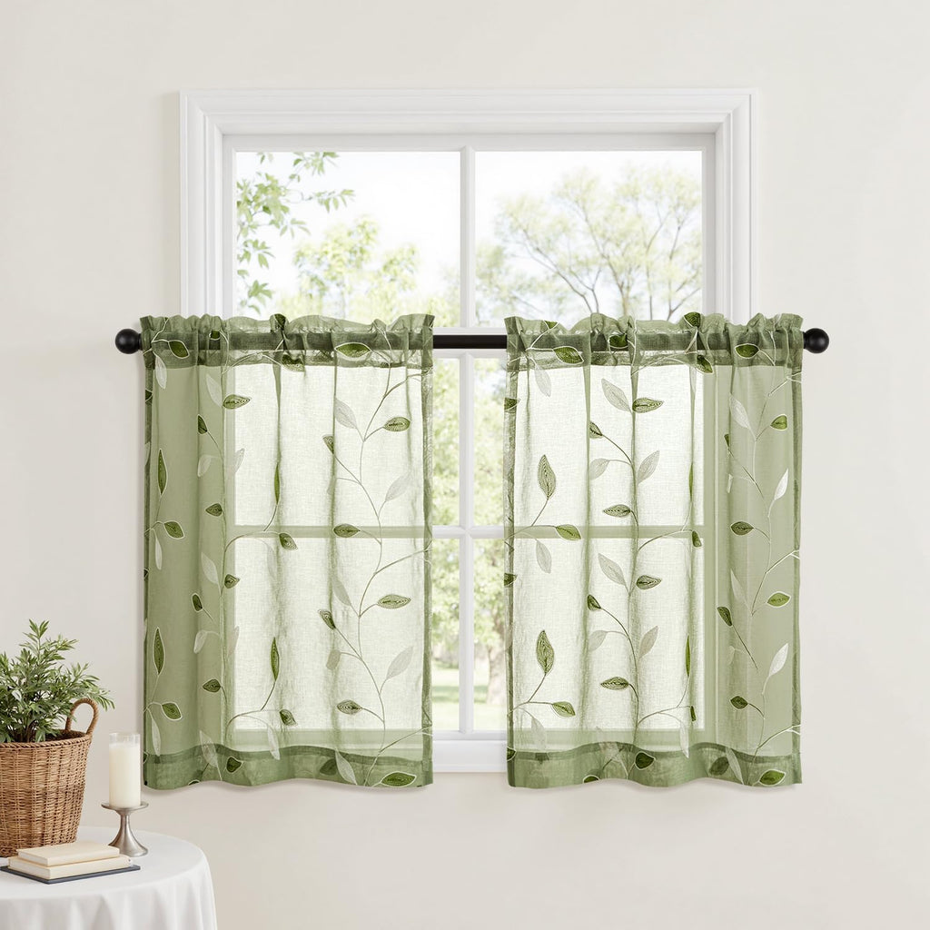 Sage Green Sheer Kitchen Curtains 30x36 Inches Length 2 Panels Embroidered Leaf Patterned Rod Pocket Floral Semi
