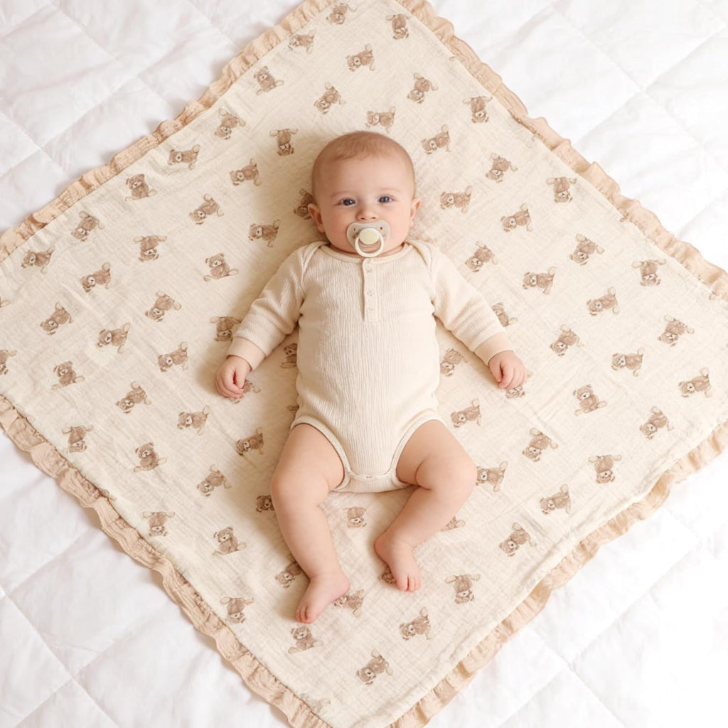 Organic Baby Blanket Flounce Edge Large 50"x43" Teddy Bear, 100% Muslin Cotton Soft Breathable Toddler Quilt Crib