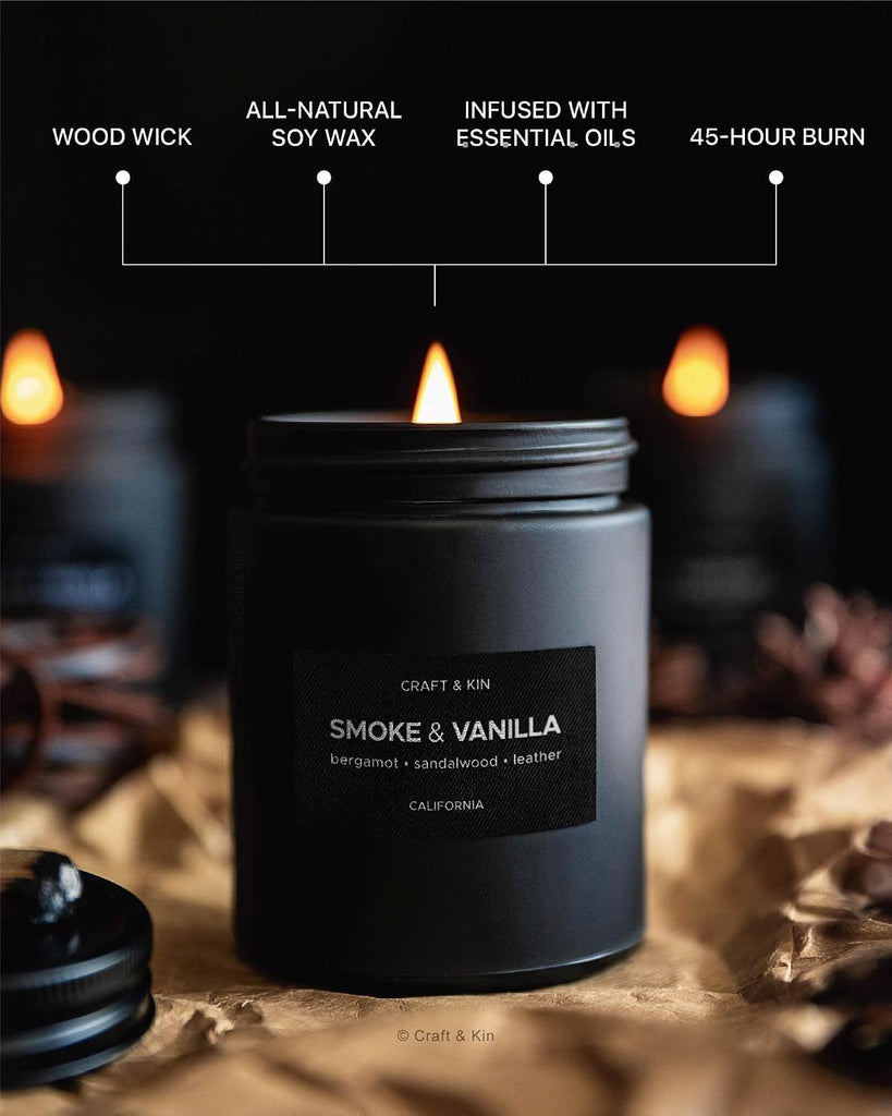 Premium Smoke & Vanilla Scented Candle - Long Lasting, 45 Hour Burn Time - Luxury Black Natural Soy Scented Candle