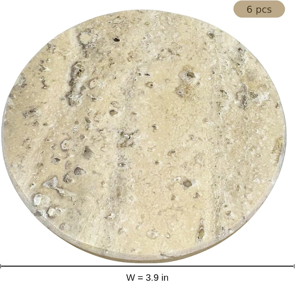 Marble Coasters Set, 3.9 in Round Natural Beige Stone Drink Coasters with Cork Base, 0.5 in Thick - Set of 6