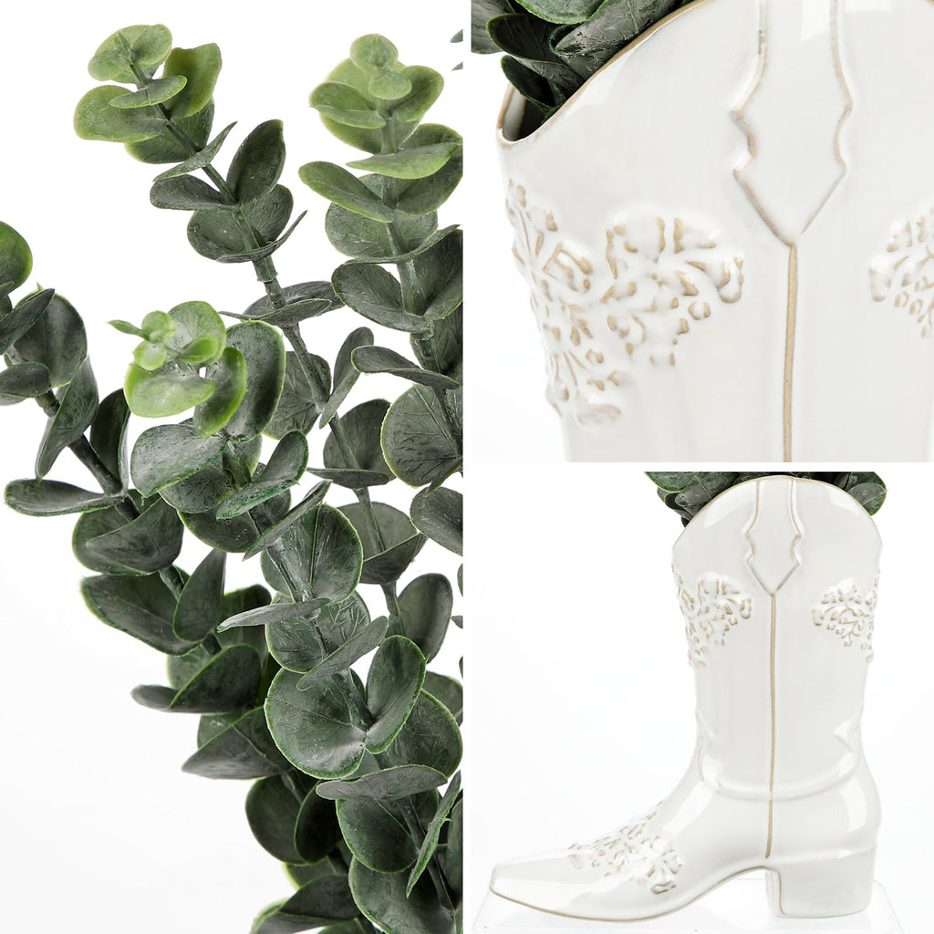 Artificial Eucalyptus Plant in Ceramic Cowboy Boot Vase Faux Greenery Potted Plant for Rustic Farmhouse Decor Western