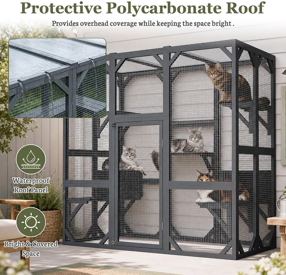 71 Inch Catio Outdoor Cat Enclosure, Wooden Walk-in Cat House with Waterproof Polycarbonate Roof, Wire Mesh Panels