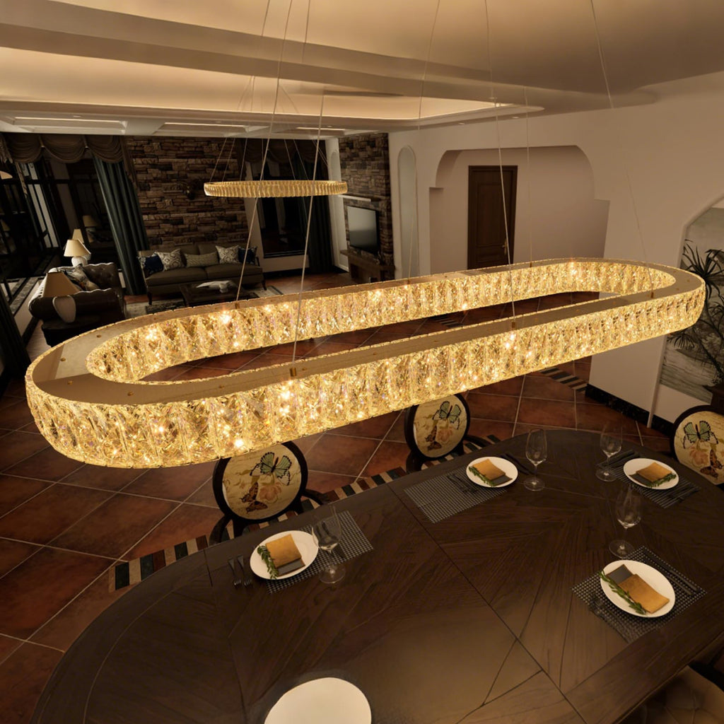Modern Oval Crystal Chandelier Dimmable LED Chandeliers Rectangular Pendant Light Fixture with Remote Kitchen Island