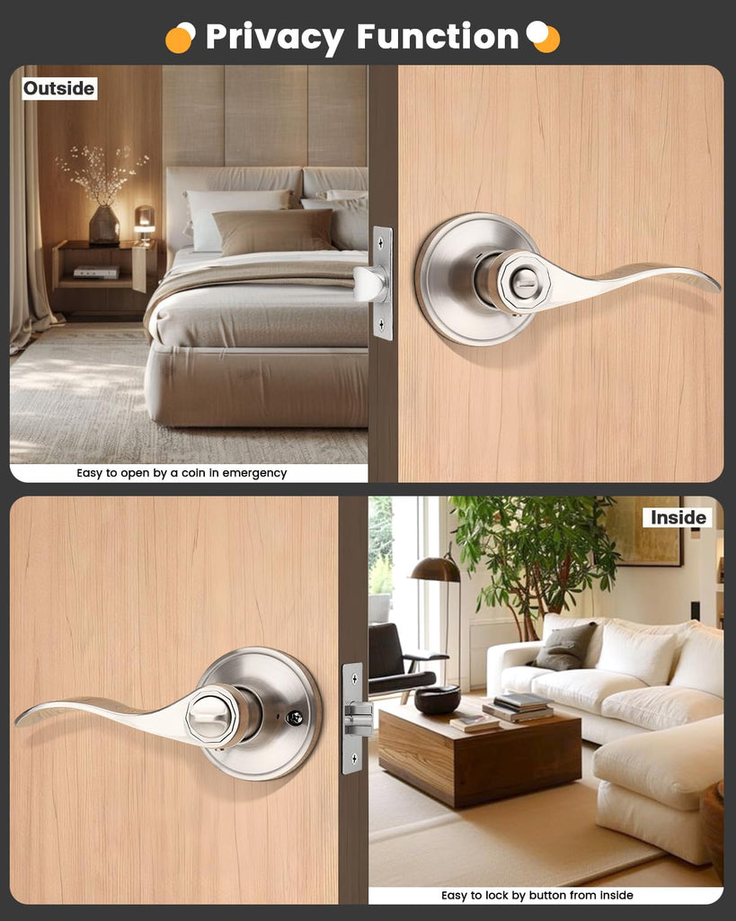 Satin Nickel Interior 8 Pack Door Handles, Privacy Keyless Door Levers for Bed and Bath, Drop/Wave Reversible Brushed