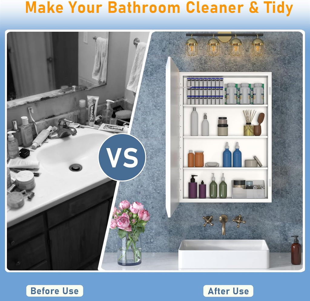 20"x28" White Medicine Cabinet with Lights, Bathroom Mirror with Storage, Dimming 3 Lighting Colors, Fast Defogging