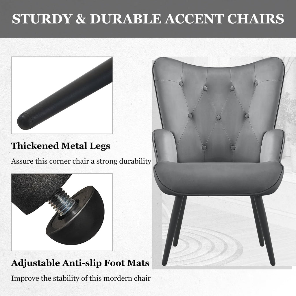 Grey Velvet Accent Chair Mid Century Modern Living Room Chairs; Comfy Armchair Leisure Vanity Guest Wingback Chair