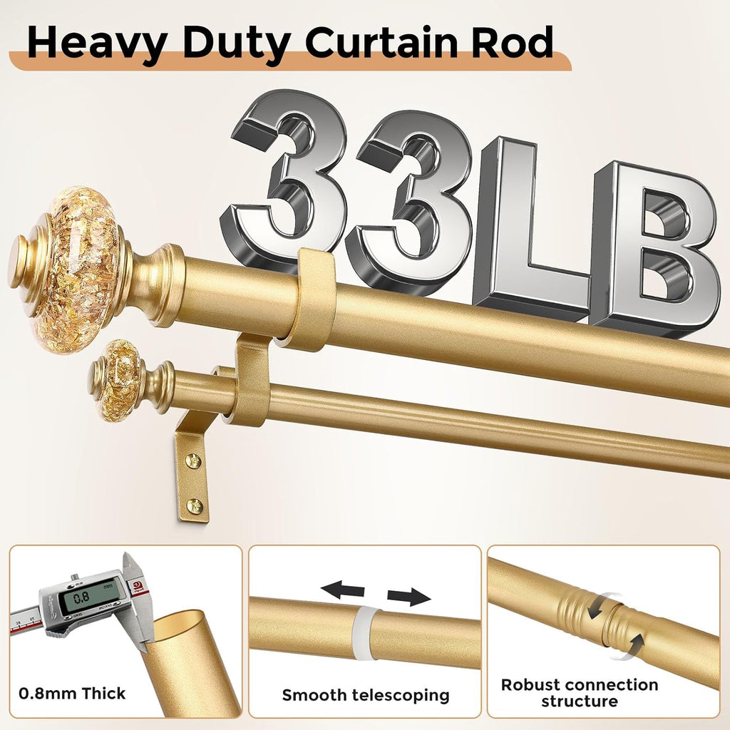 Gold Double Curtain Rod 36 to 76 Inch, 1 Inch Adjustable Decorative Crystal Dual Curtain Rod, Heavy Duty Vintage