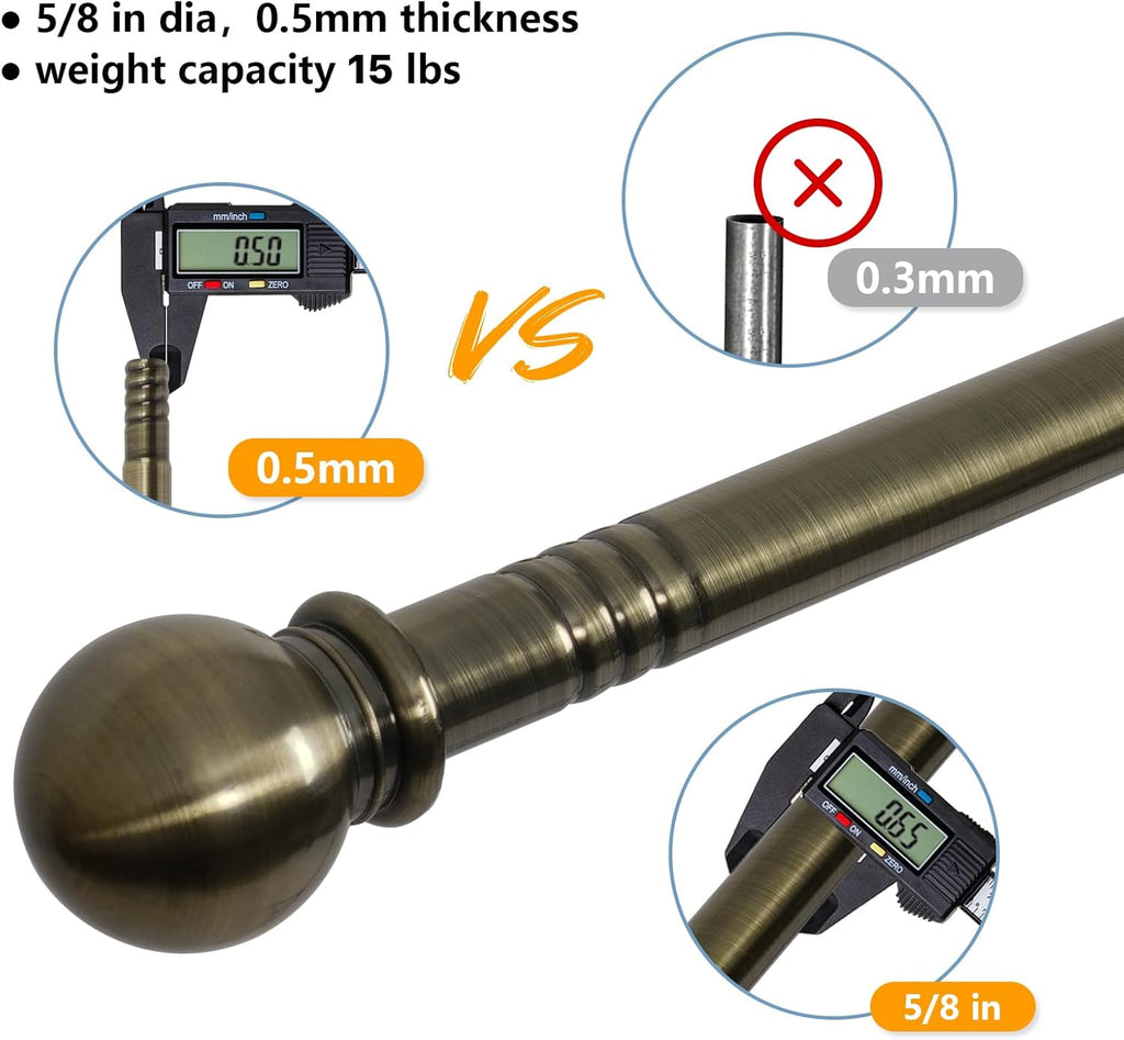 Antique Brass Curtain Rods for Windows 28 to 48 inch, 5/8 inch Small Curtain Rod Set with Brackets, Heavy Duty