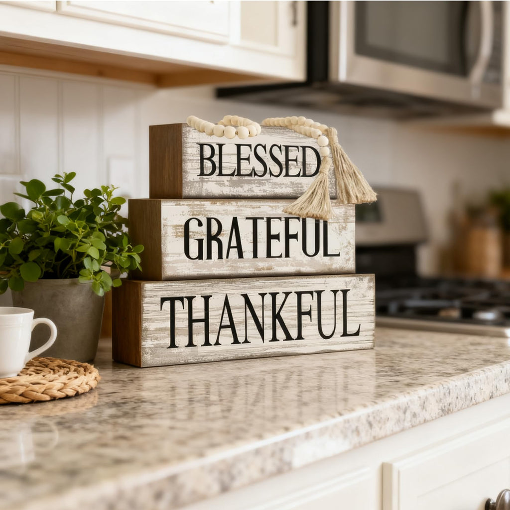 4 Pcs Farmhouse Thanksgiving Table Decor Stacked Wooden Block Sign